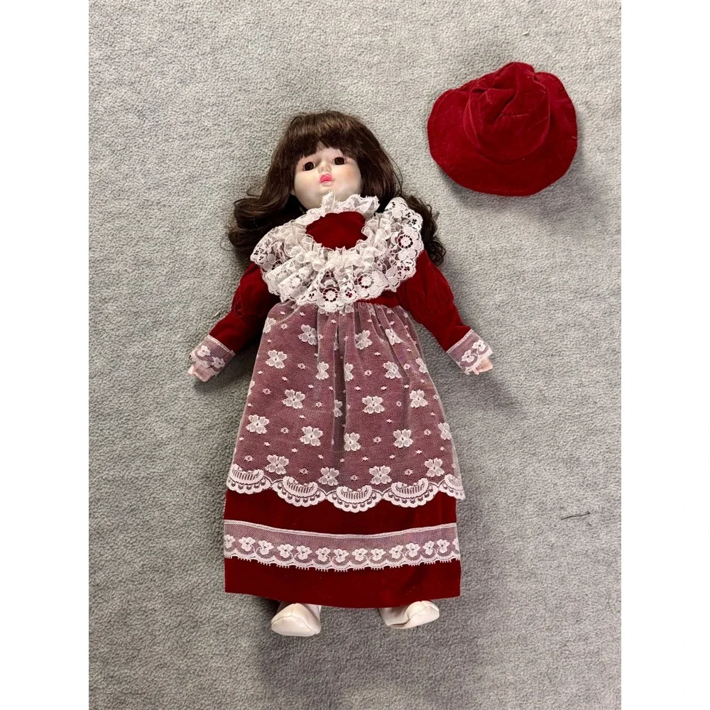 Vintage Porcelain Musical Doll Burgundy Velvet Lace Victorian Dress 16 Inch